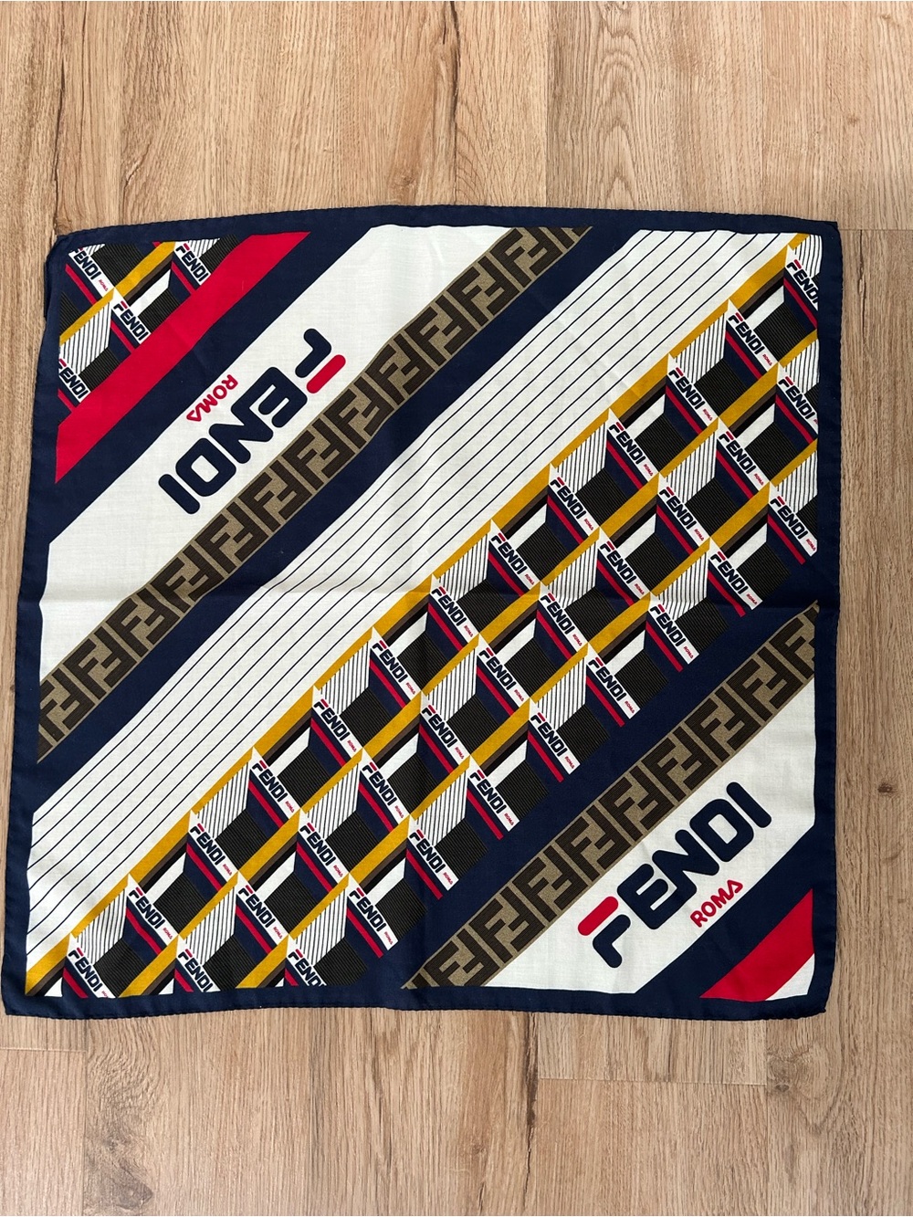 Fendi Silk Pocket Square in Navy, White, Brown, Yellow & Red